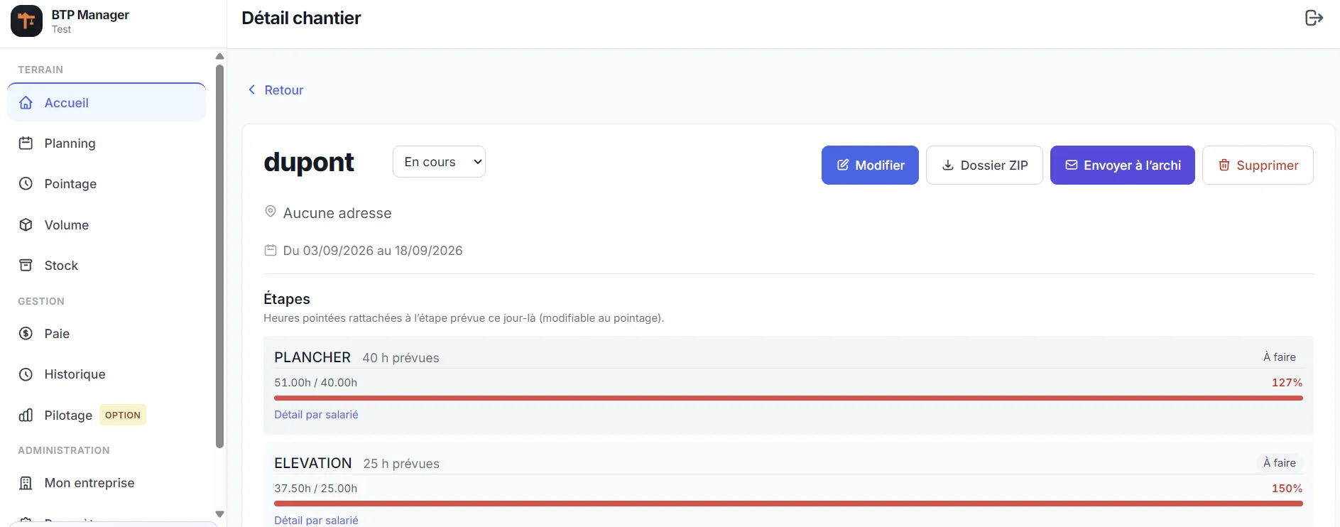 Rentabilité chantier dans BTP Manager : détail par lot, avancement et heures