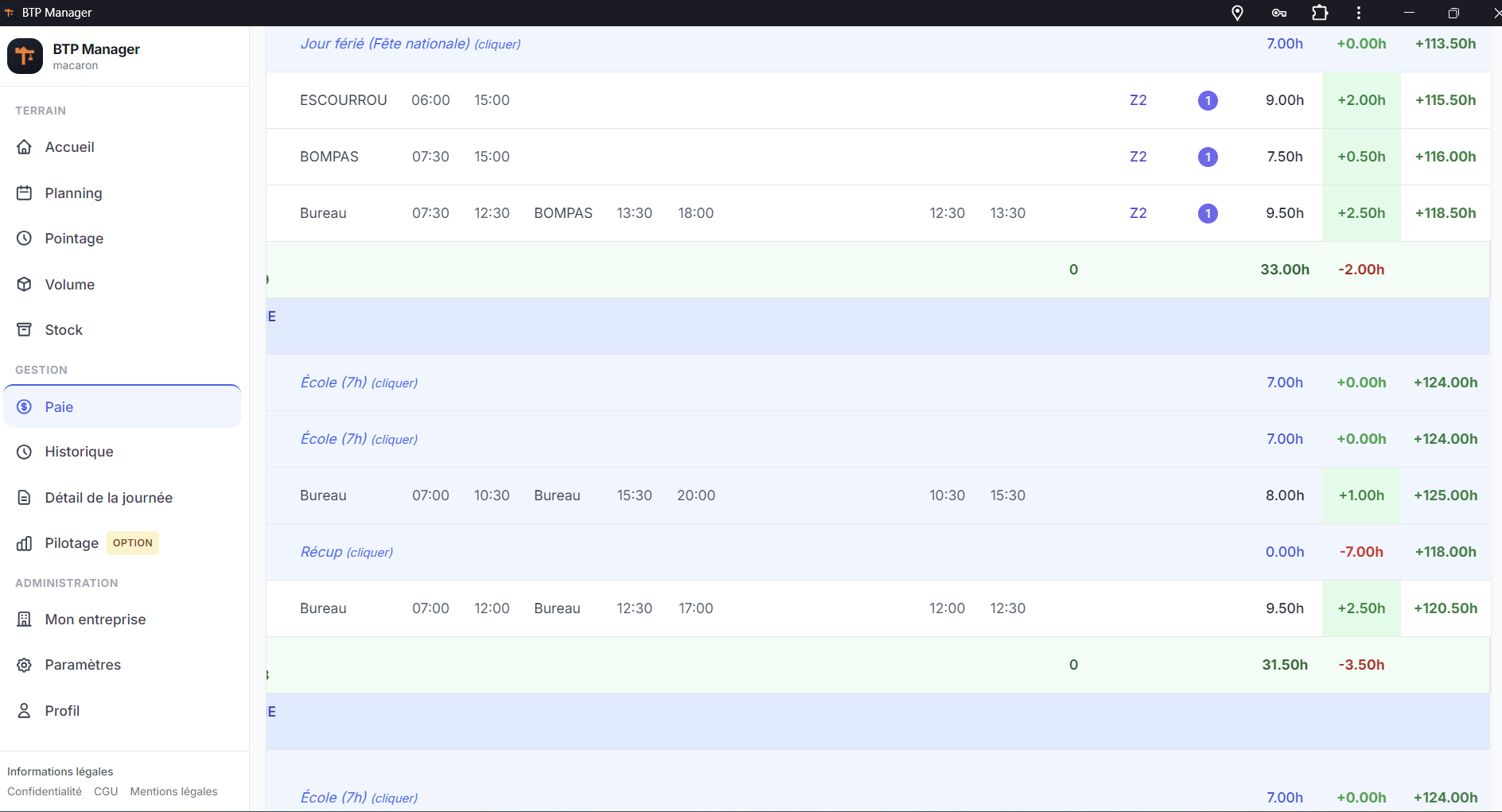 BTP Manager : tableau de paie, heures et écarts par semaine