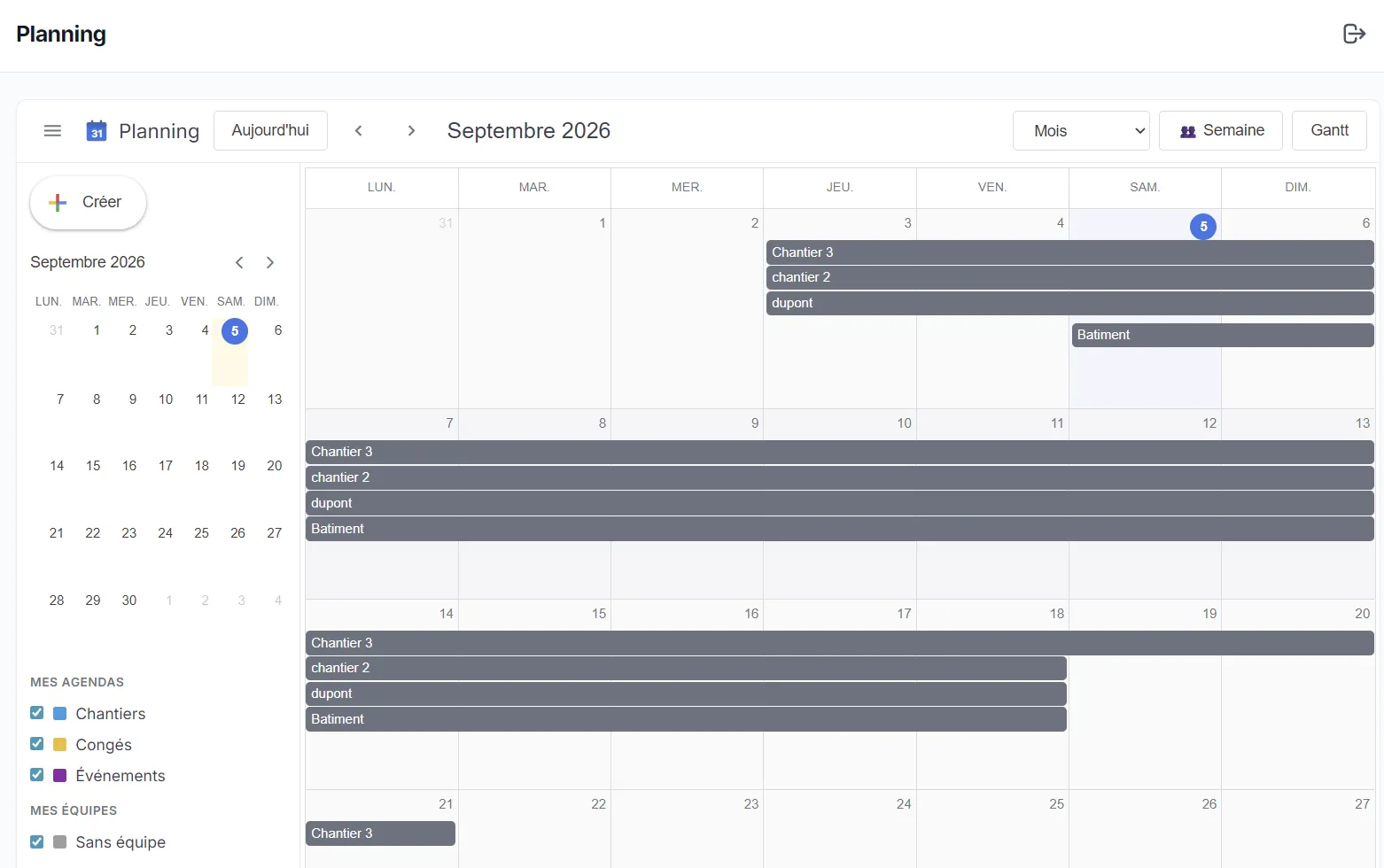 Logiciel de planning de chantier BTP Manager : Gantt des équipes et des affaires